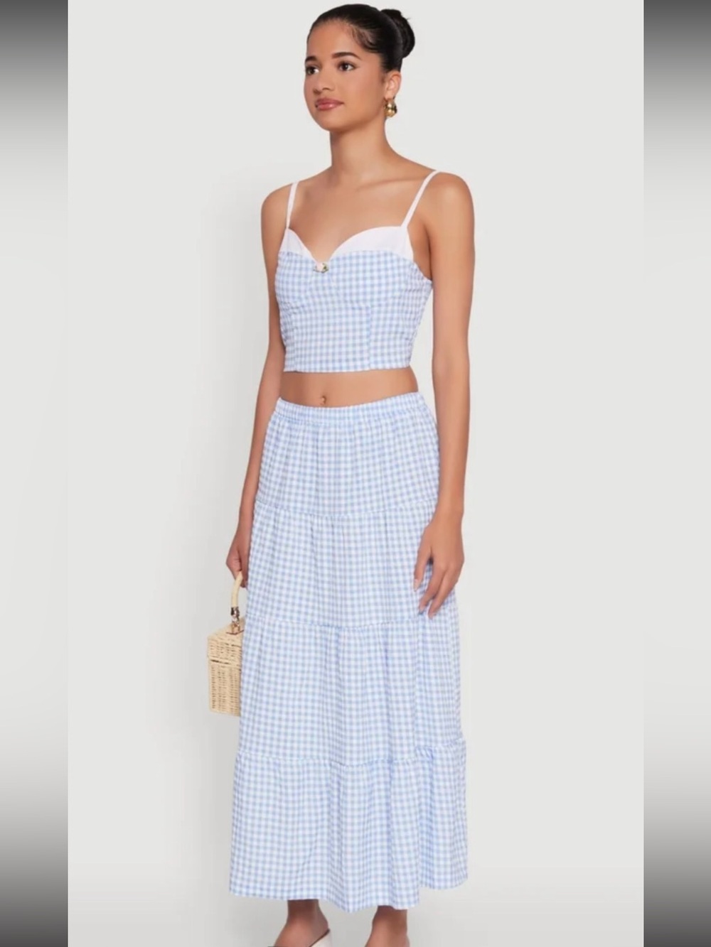Blue & White Gingham Crop Top & Tiered Midi Skirt Set